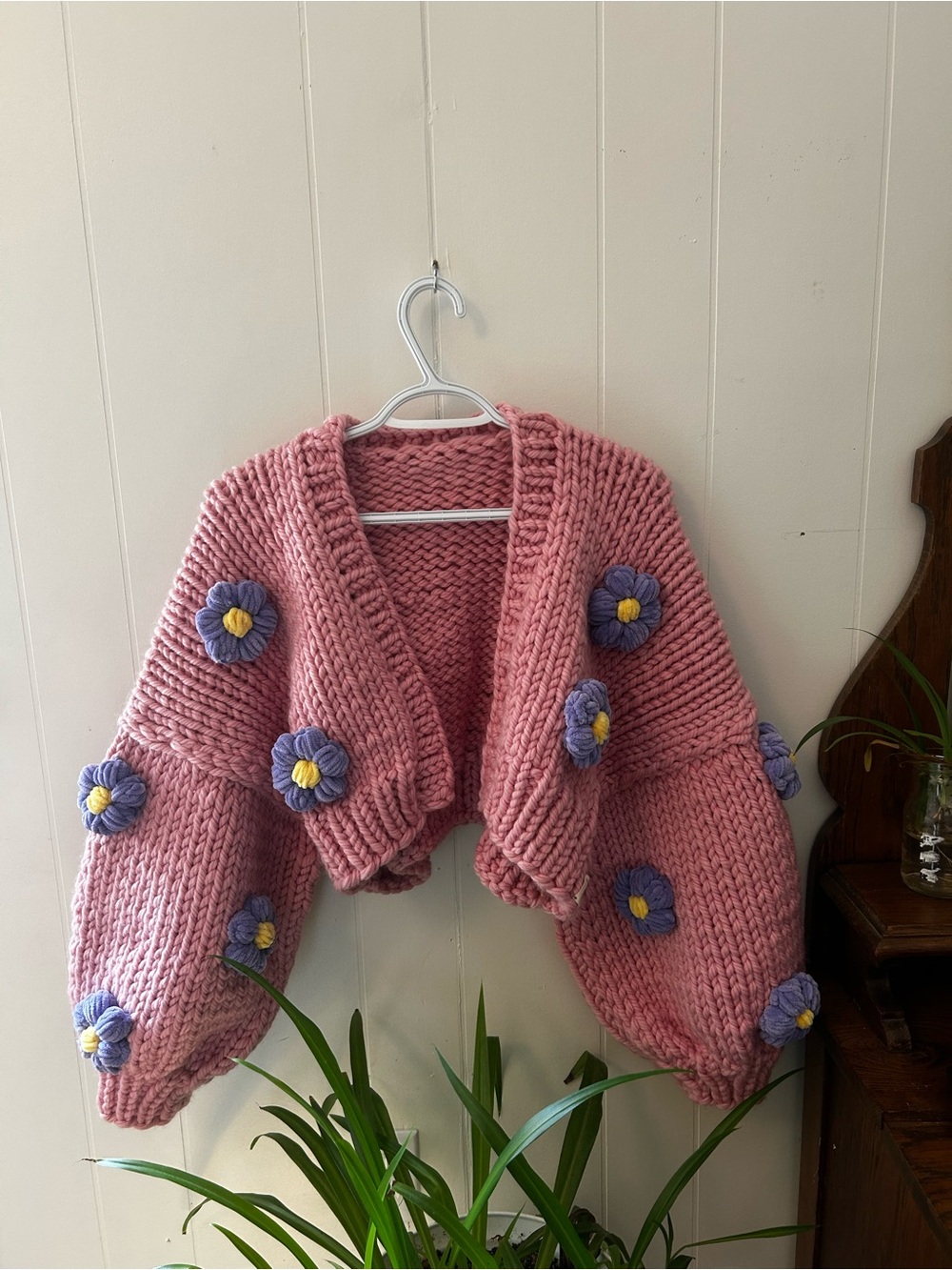 Home made Chunky Pink Cropped Sweater Cardigan with 3D Flower